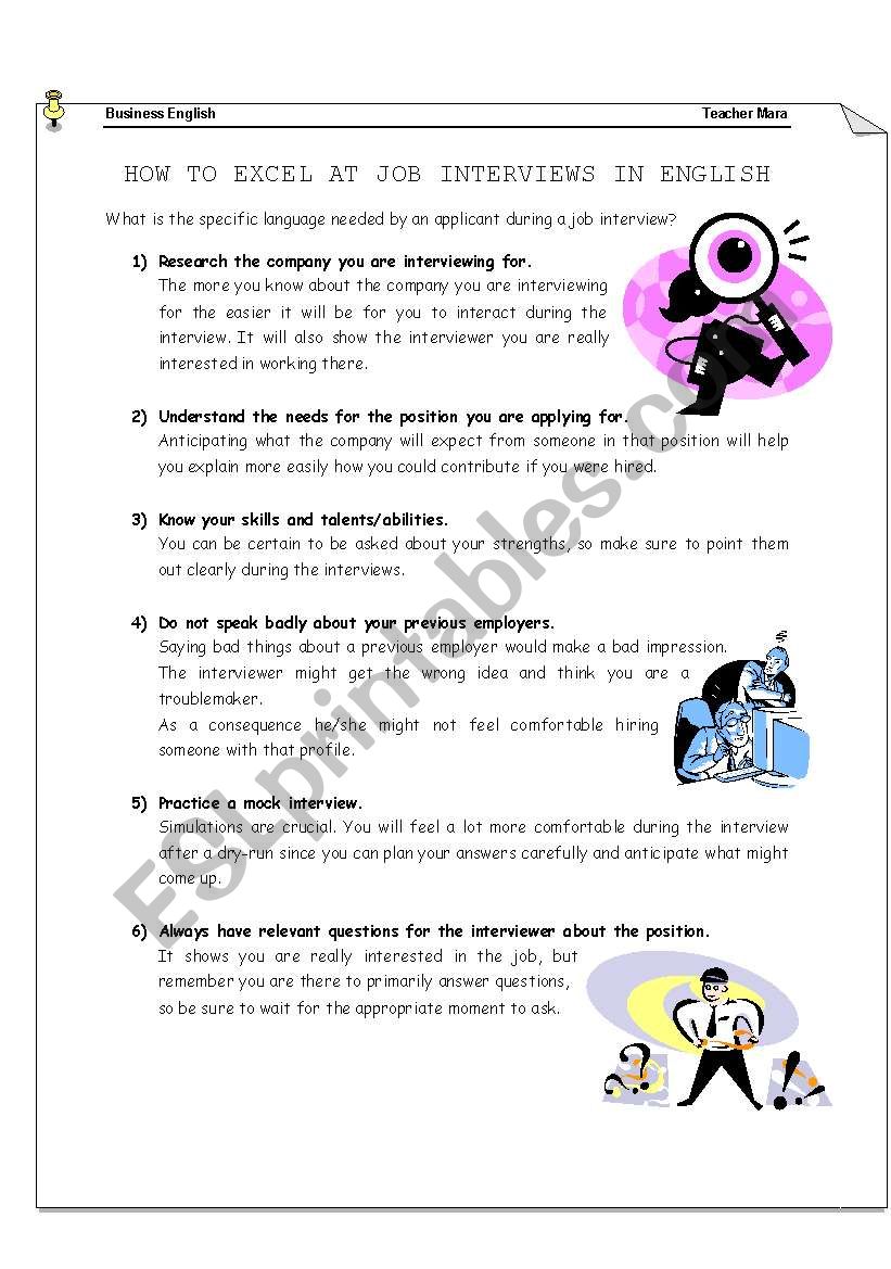 How to excel at job interviews in English ESL worksheet by marah78