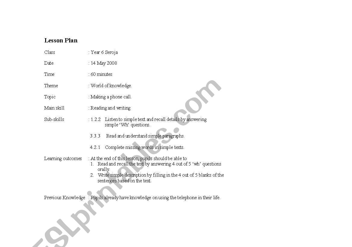 English worksheets Lesson Plan Making A Phone Call