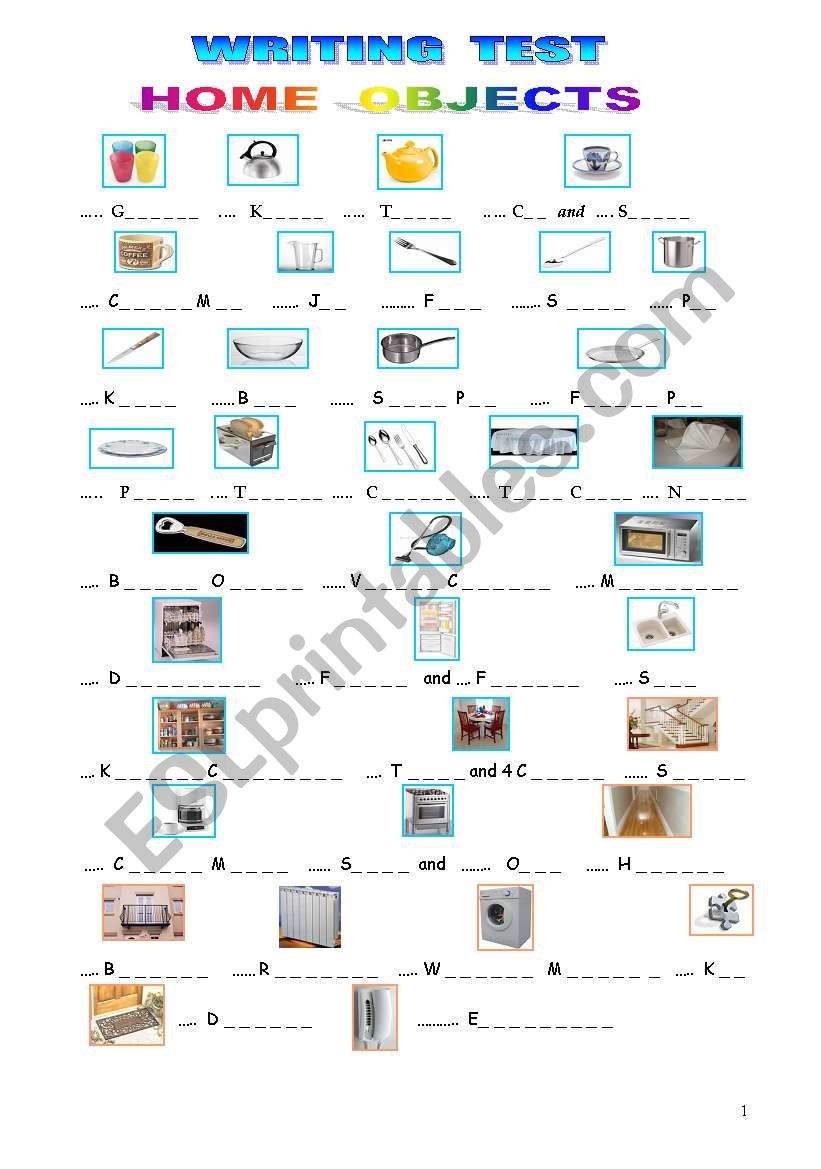 WRITING TEST HOME OBJECTS ESL worksheet by vyvy