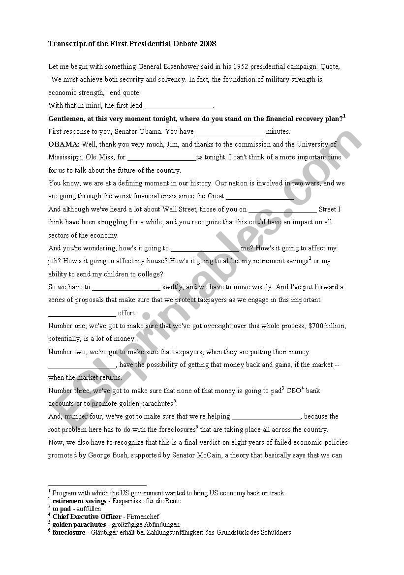 English worksheets Transcript of the First Presidential Debate 2008