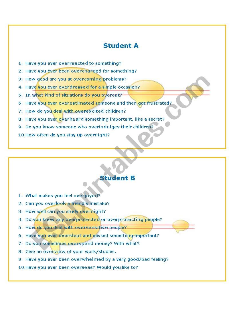 Conversation questions verbs starting with OVER ESL