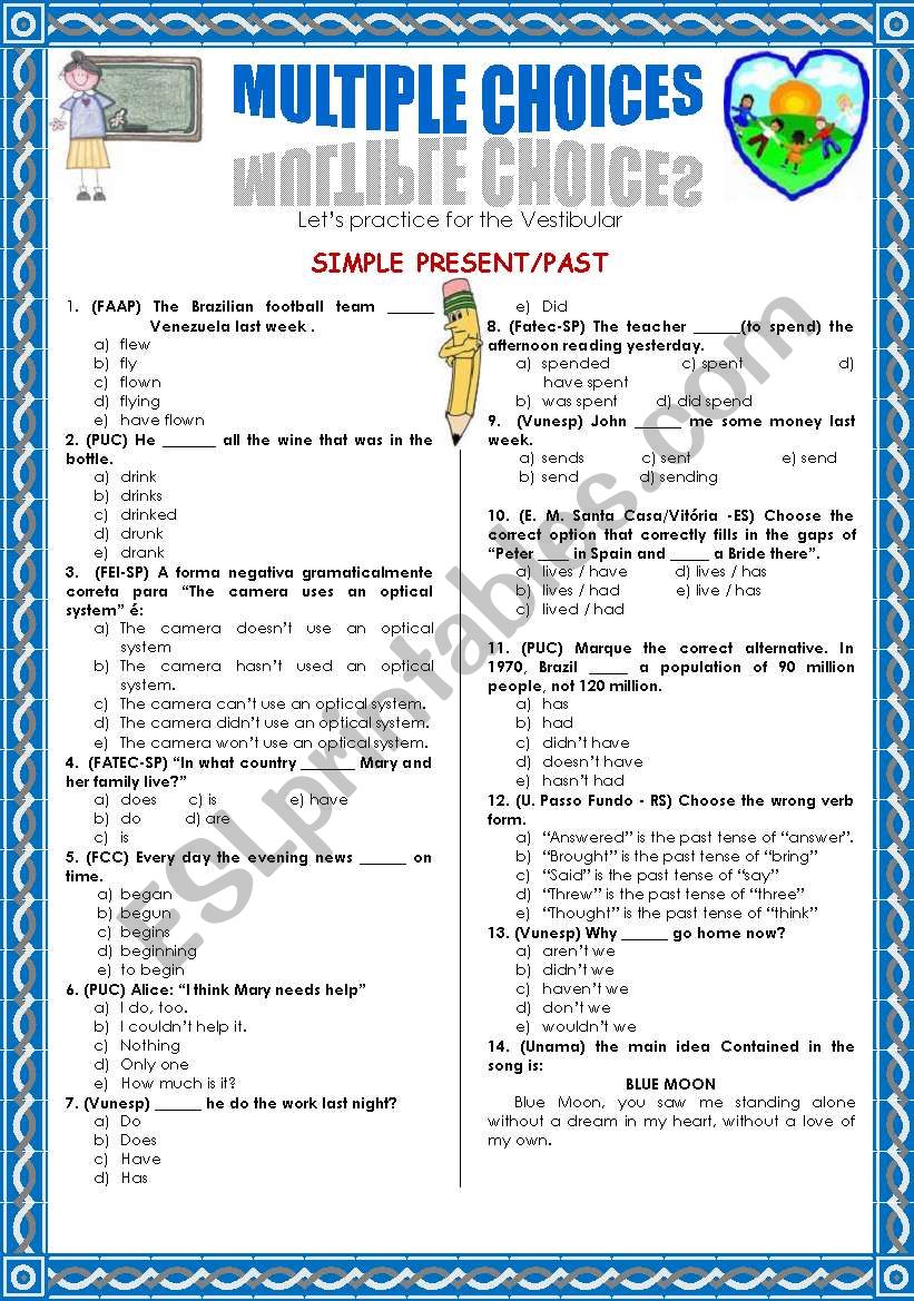 SIMPLE PRESENT/PASTMULTIPLE CHOICE ESL worksheet by