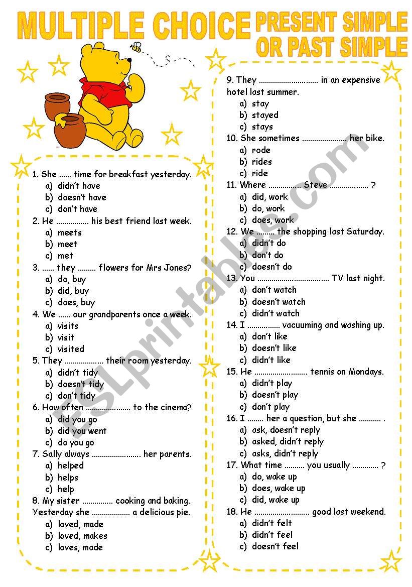 MULTIPLE CHOICE (5) PRESENT SIMPLE OR PAST SIMPLE ESL