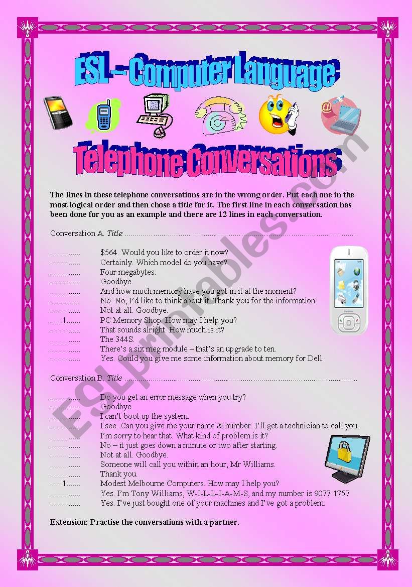 Telephone Conversations ESL Computer Language elementary