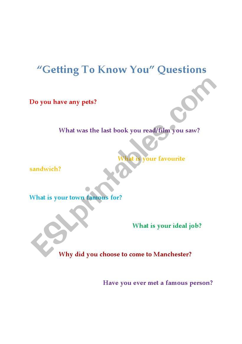 English worksheets: "Getting To Know You" Questions