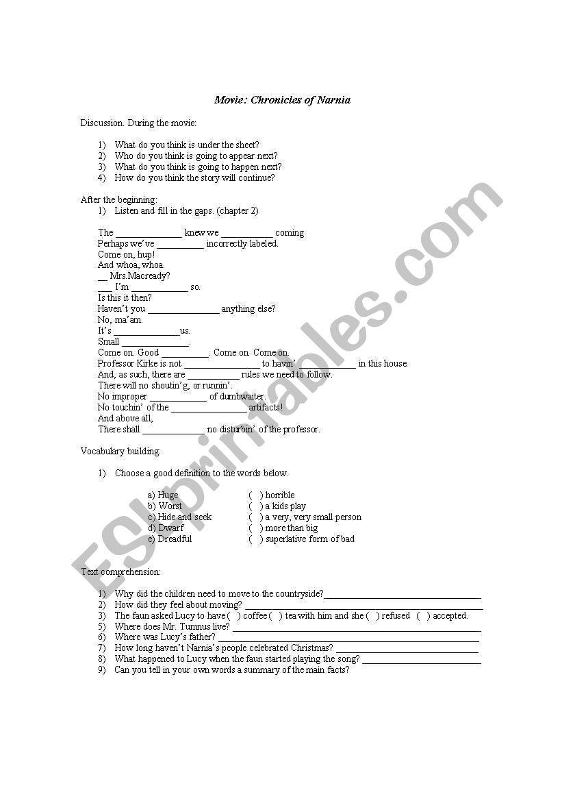 English worksheets Movie Chronicles of Narnia
