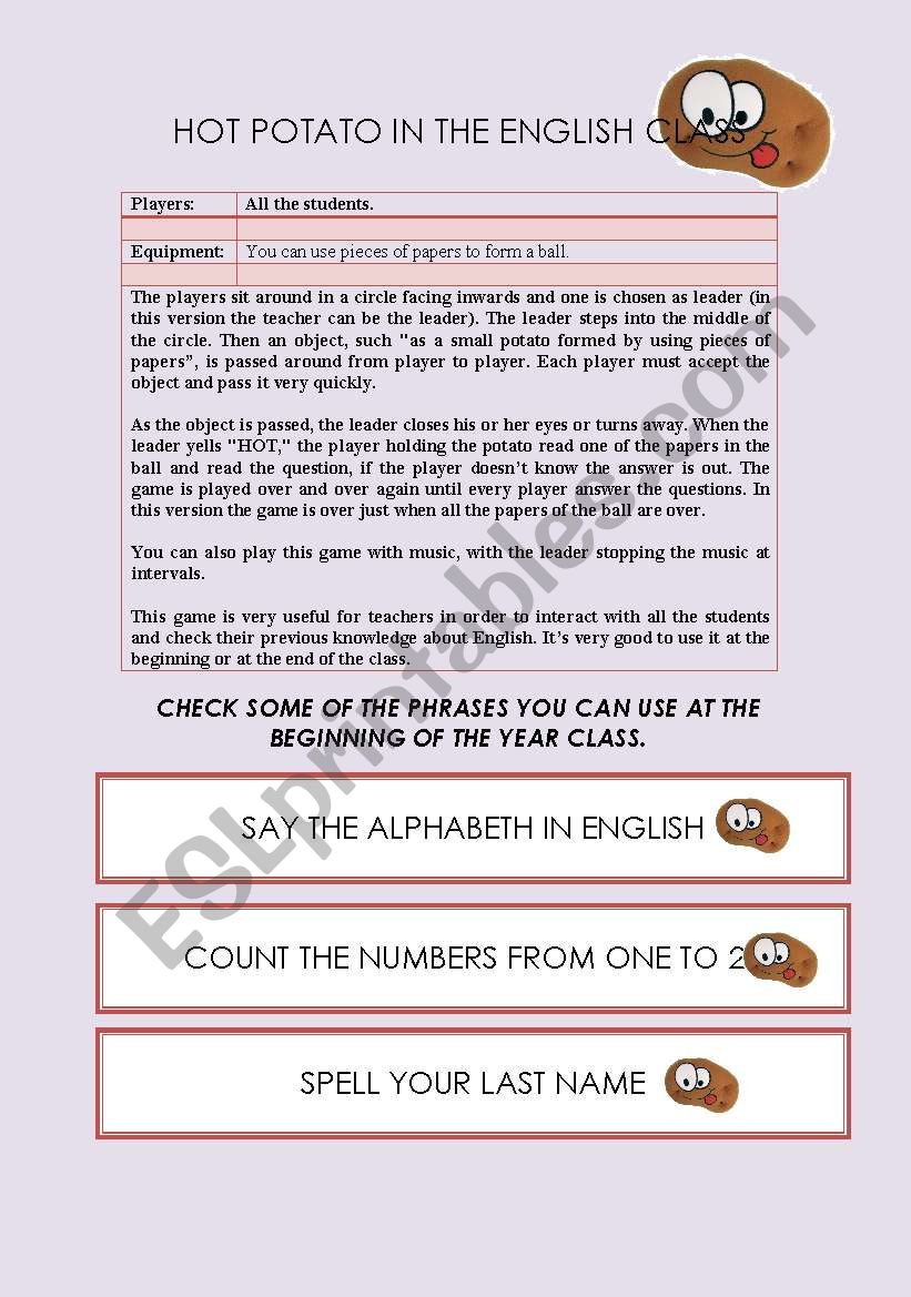 Hot potato game ESL worksheet by evelinpj1