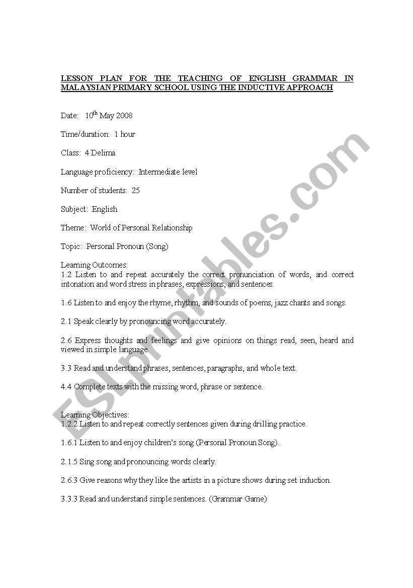 grammar lesson plan (inductive) ESL worksheet by traceir