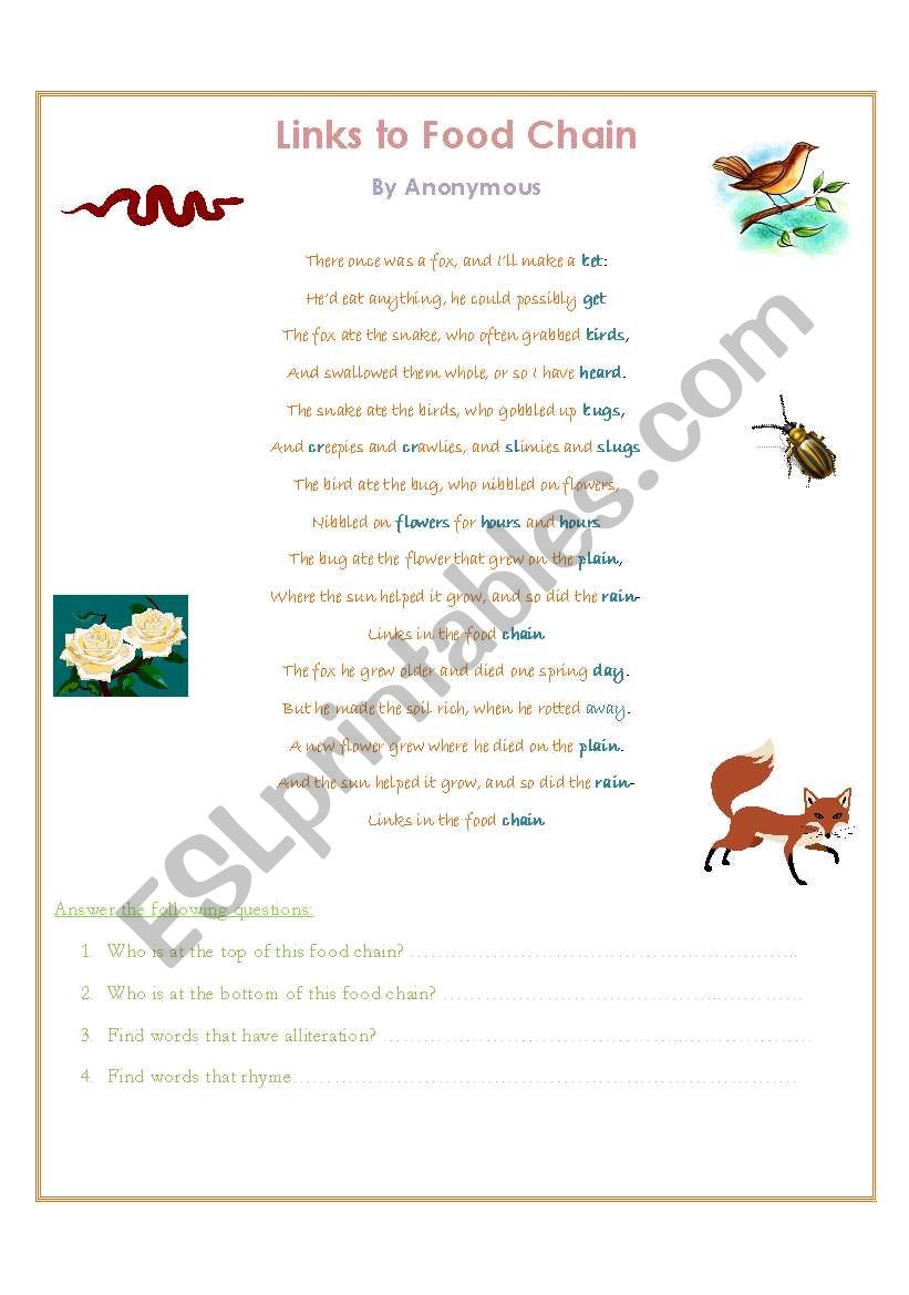 Fox Poem / Food Chain ESL worksheet by Moon22