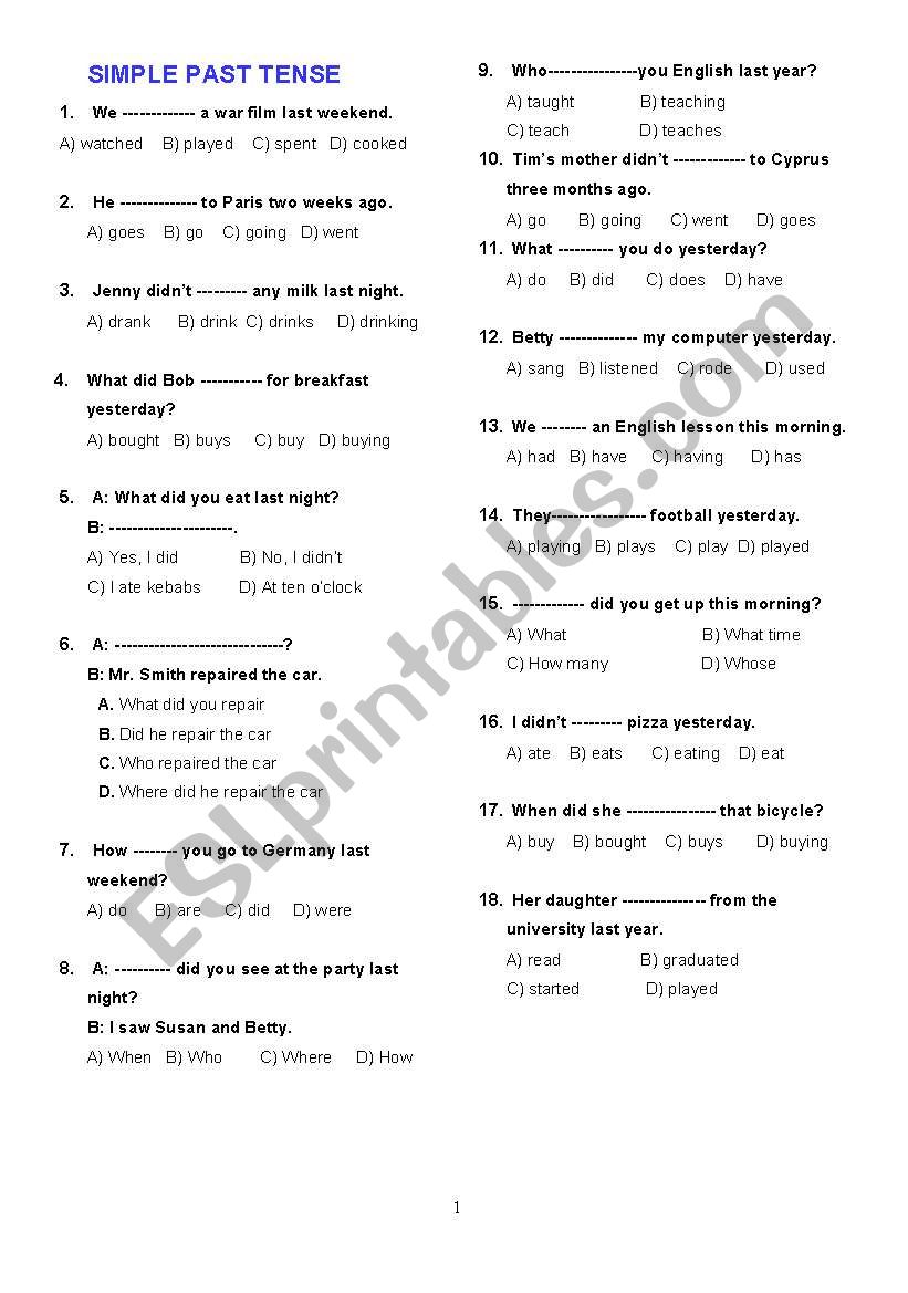PAST SIMPLE MULTIPLE CHOICE ESL worksheet by dirimli