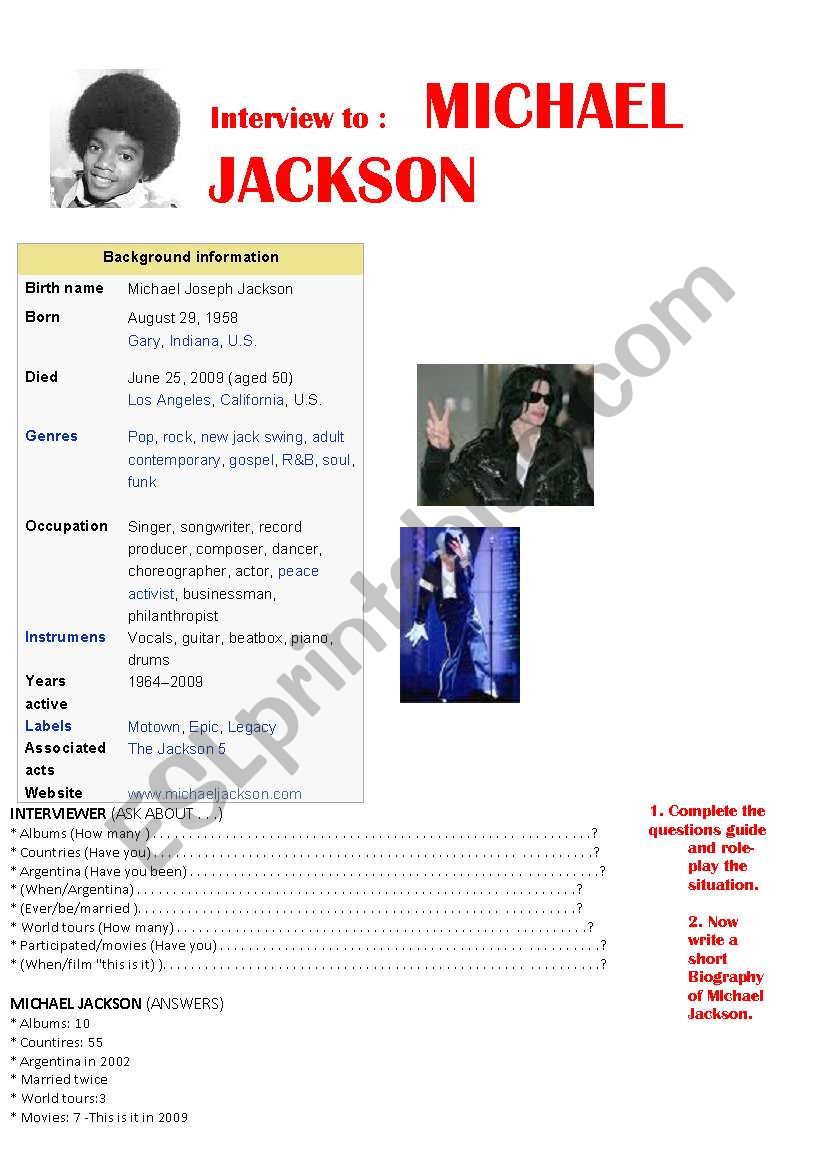 INTERVIEW TO Michael Jackson! ESL worksheet by misseleonora