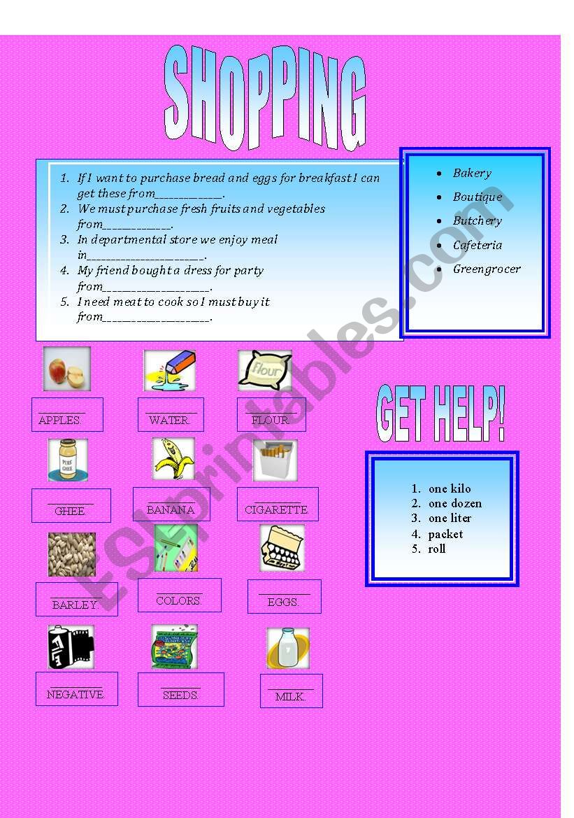 English worksheets SHOPPING