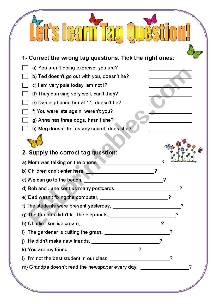 Tag Question exercises ESL worksheet by neudes