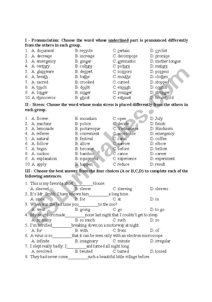 English worksheets Practice Test