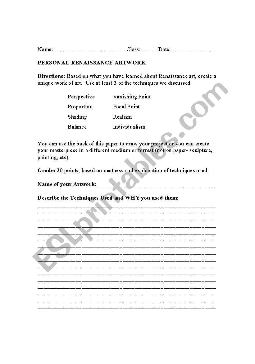 English worksheets Renaissance Art Project