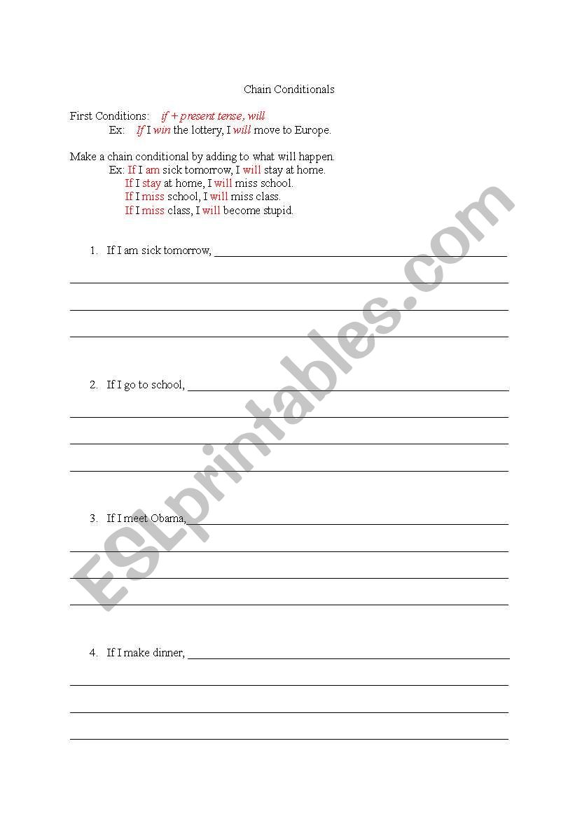 English worksheets Chain Conditionals (First Conditional)