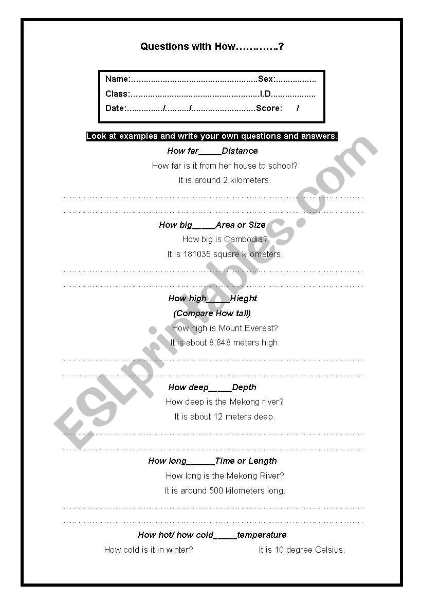 English worksheets: Question with How.........?