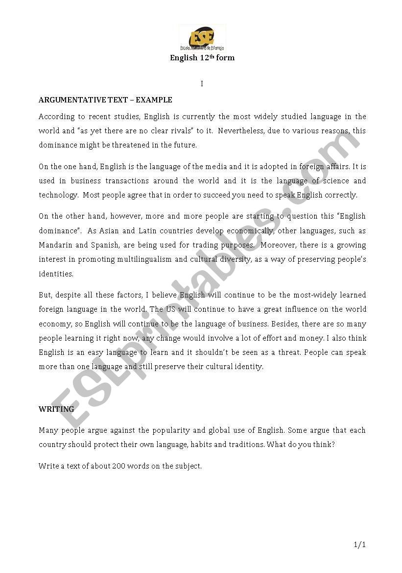 Argumentative text example and writing task ESL worksheet by sisse