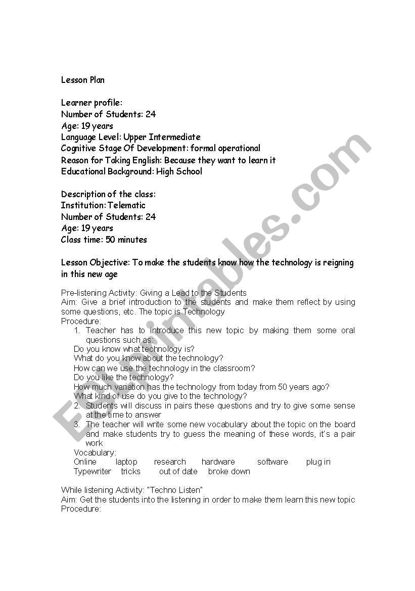 Technology Lesson Plan ESL worksheet by spartan1987