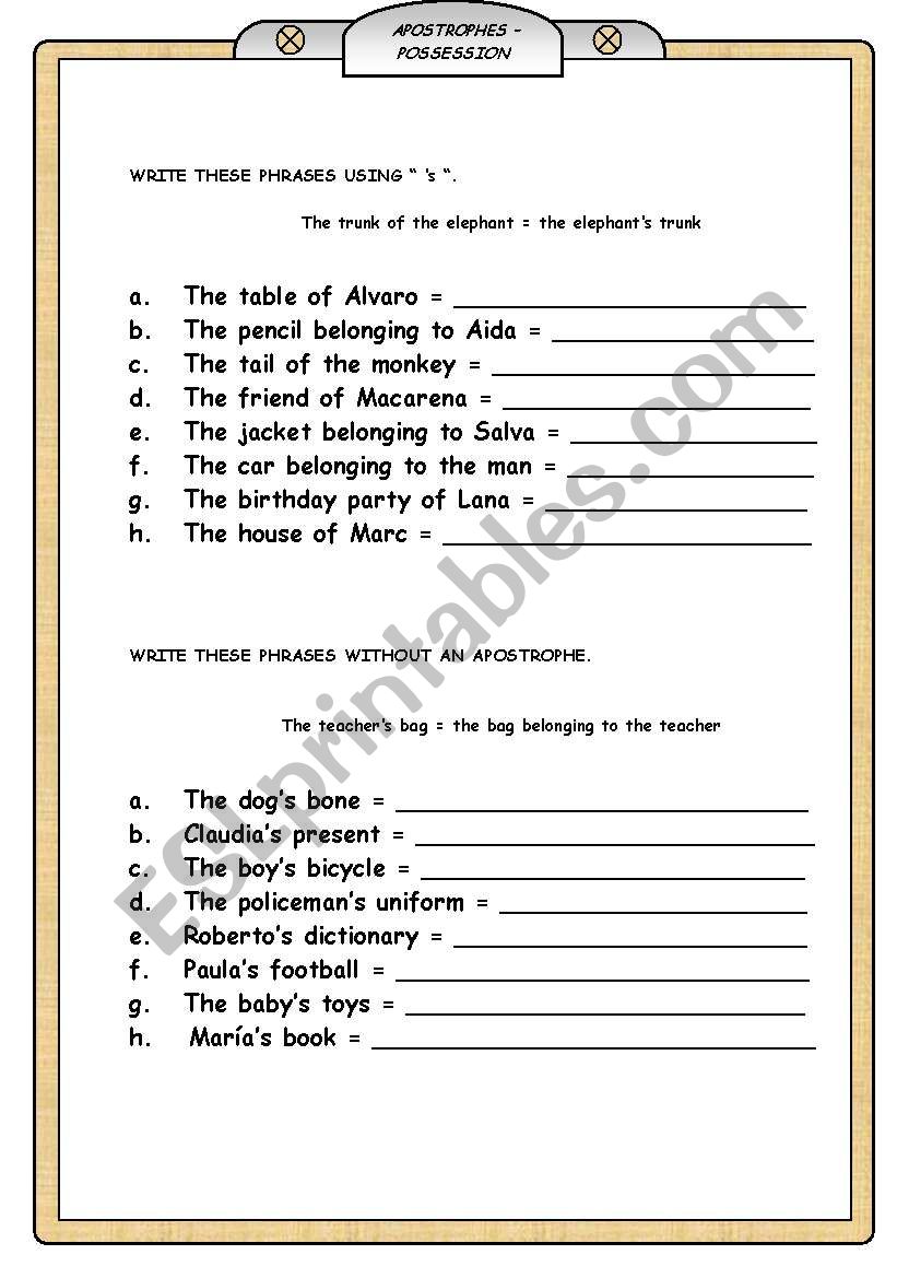 APOSTROPHES – POSSESSION - ESL worksheet by sabados