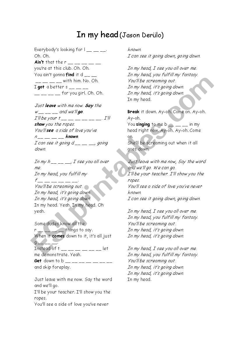 English worksheets In My Head (Jason Derulo)