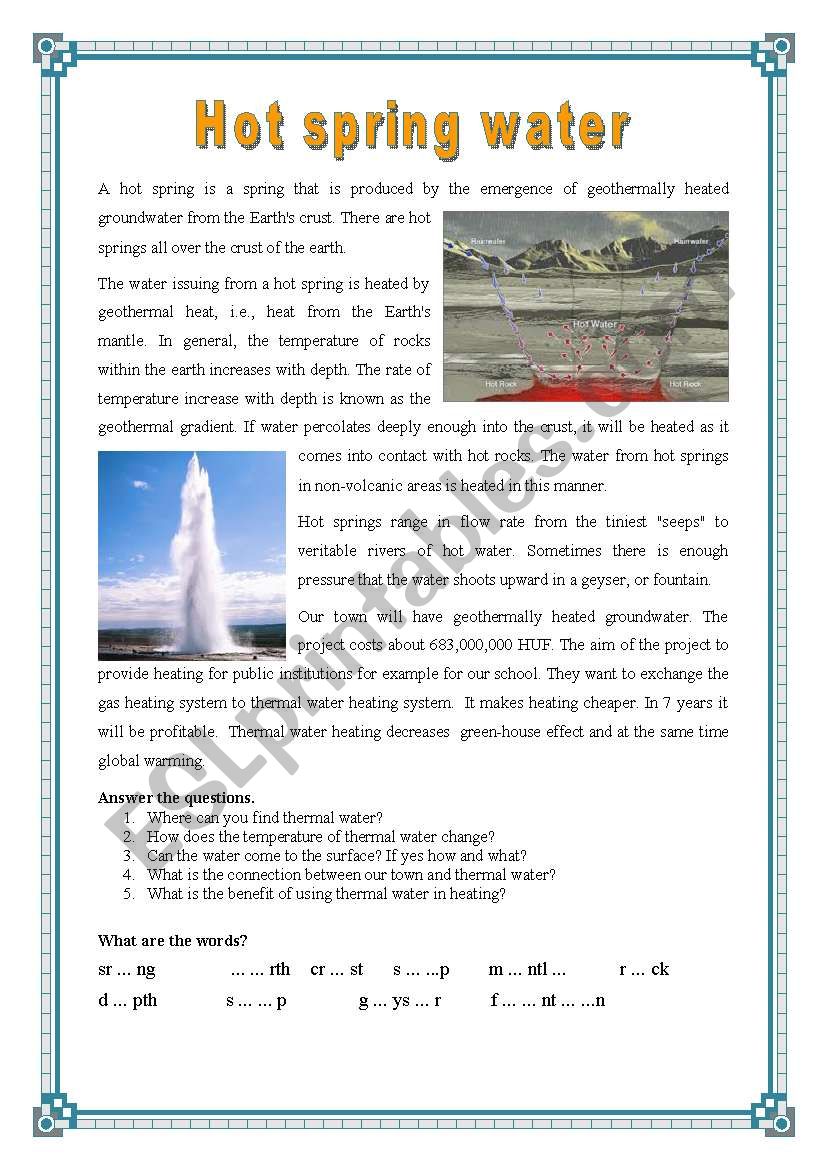 hot spring water ESL worksheet by saskat3