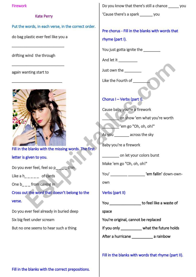 Worksheet Firework (Kate Perry) With answer key ESL worksheet by anna_bitt