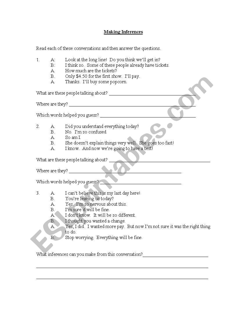 English worksheets Making Inferences