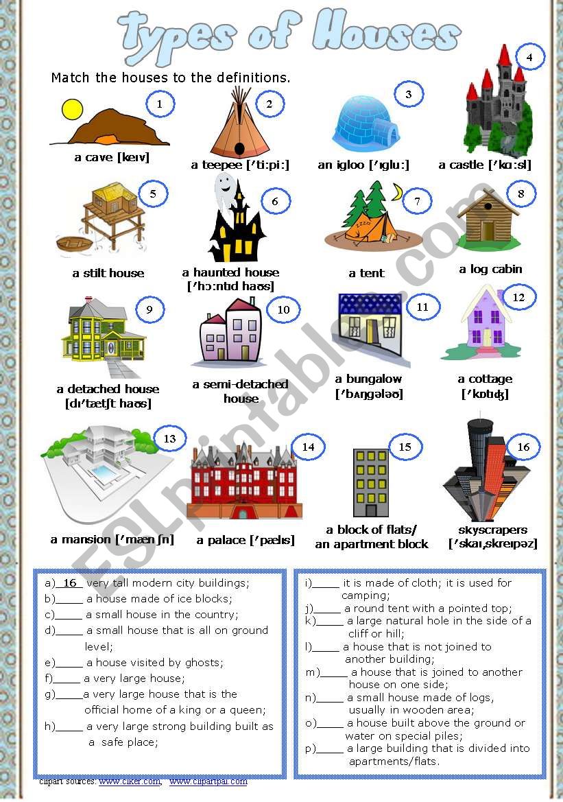 Types of Houses Part 3 Matching exercise Answer Key fully