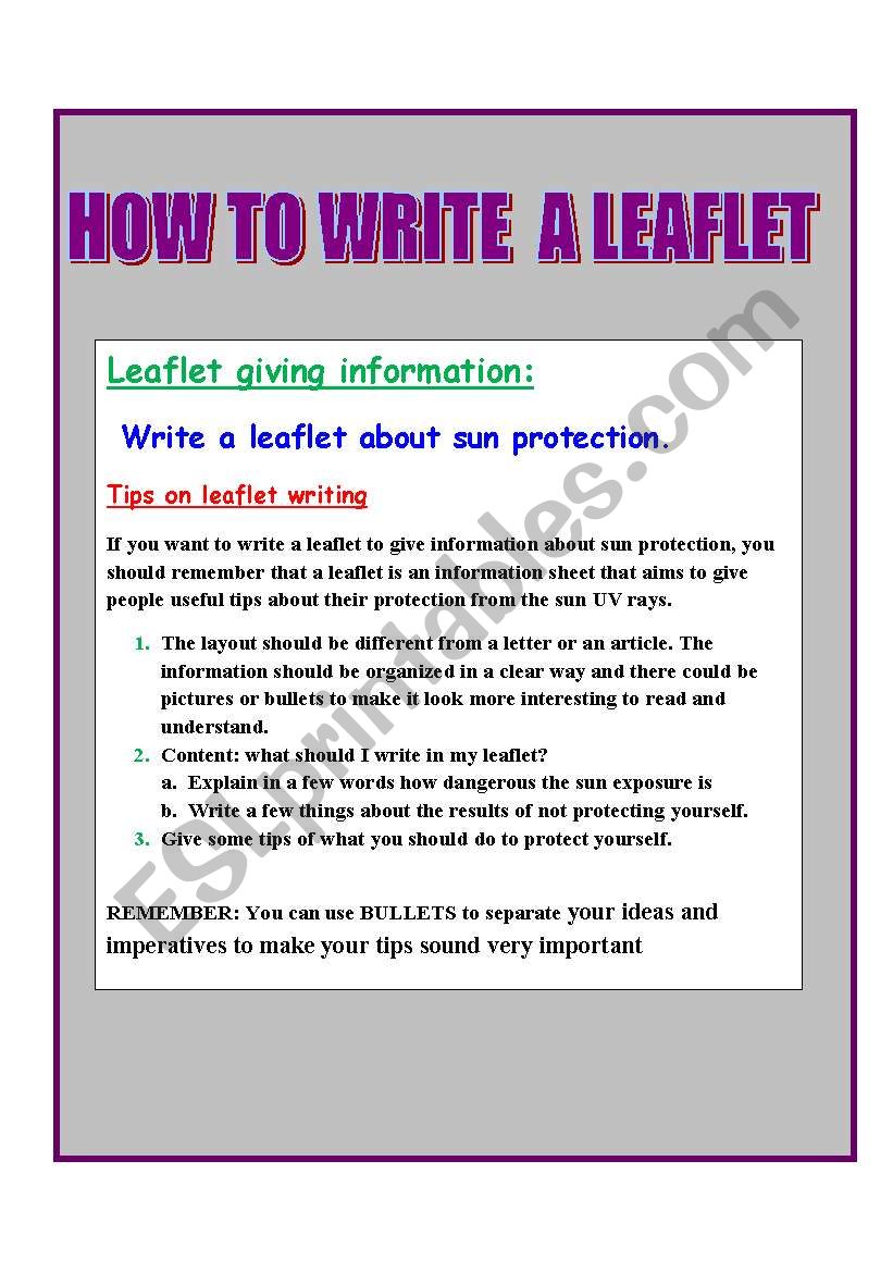 HOW TO WRITE A LEAFLET ABOUT SUN PROTECTION ESL worksheet by elpida pap