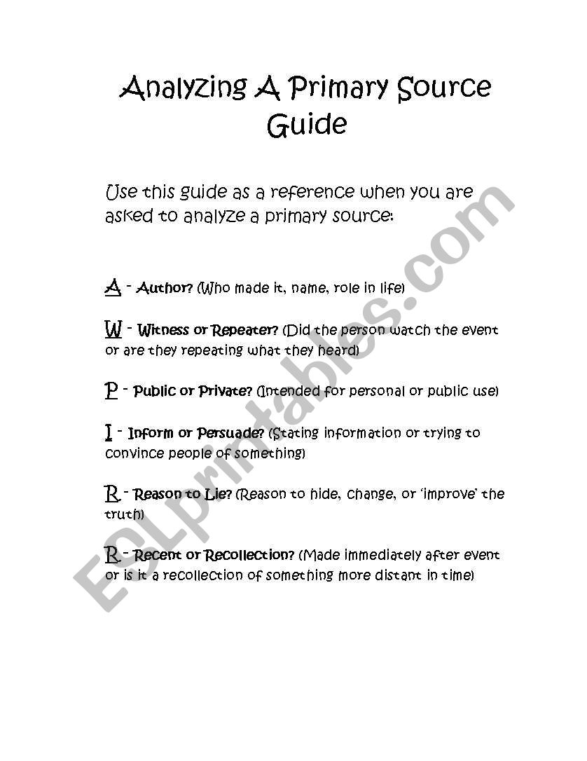 English worksheets Analyzing a Primary Source