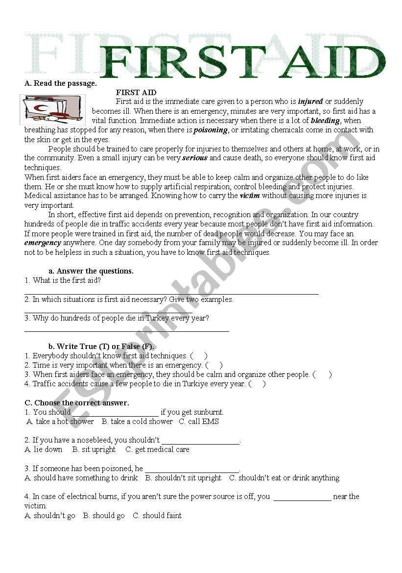 First Aid Reading&Practice ESL worksheet by gunspousee