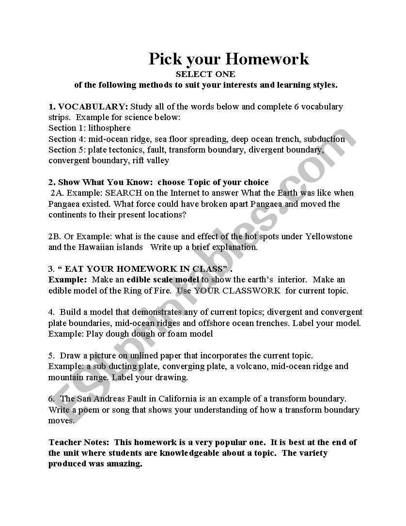 Pick your Homework ESL worksheet by howelpea