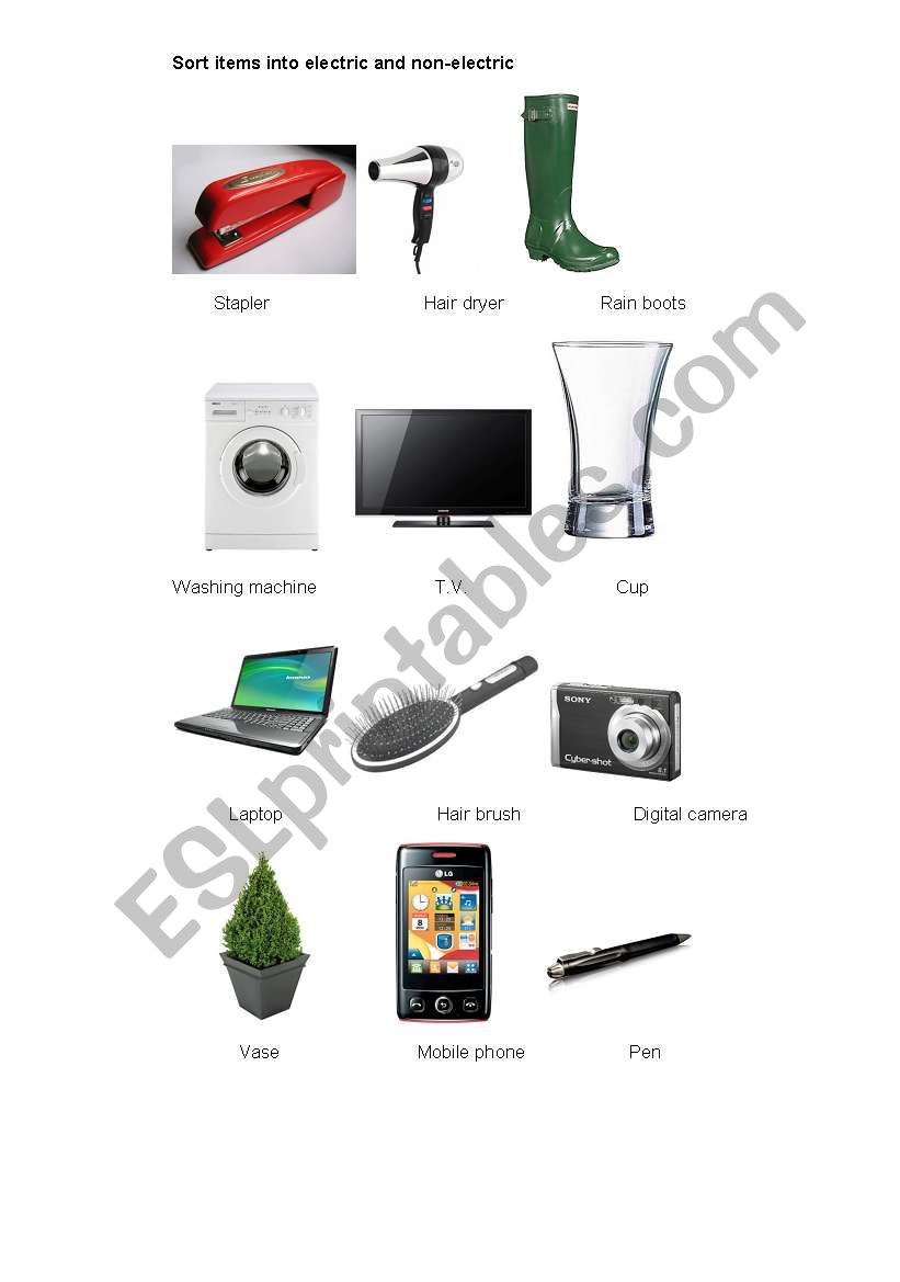 English worksheets sorting electrical non electrical objects