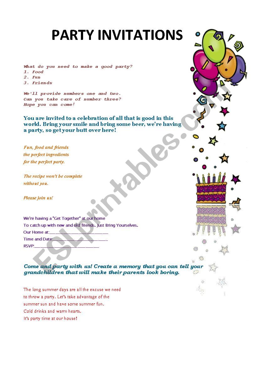 Party Invitations ESL worksheet by NicolaWills
