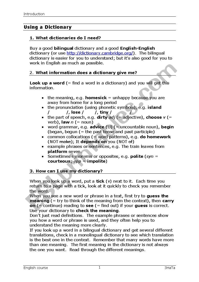 Using dictionaries ESL worksheet by wbelmans
