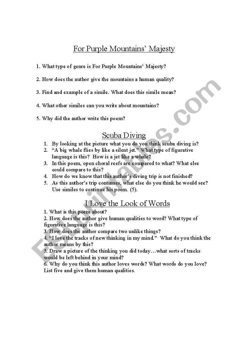 English worksheets Poems with Figurative Language Questions