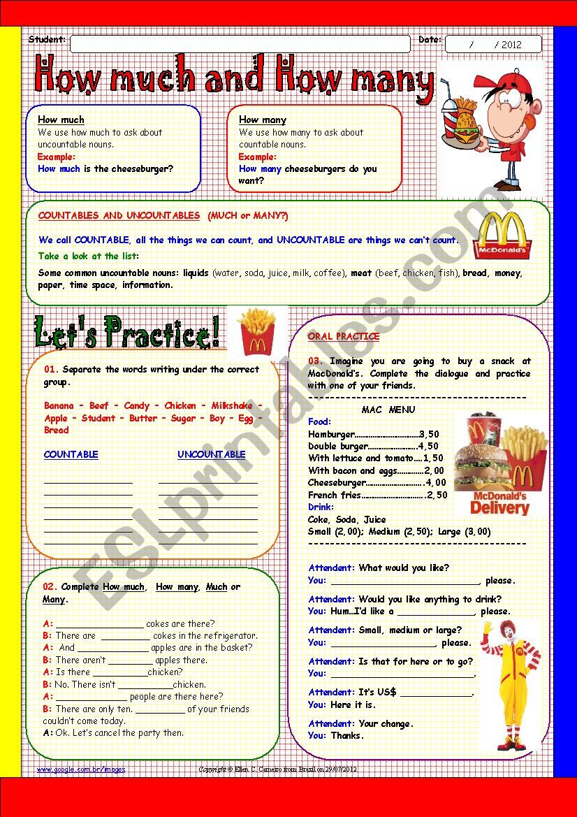 How much, How many, Countables, Uncountables ESL worksheet by Elinha
