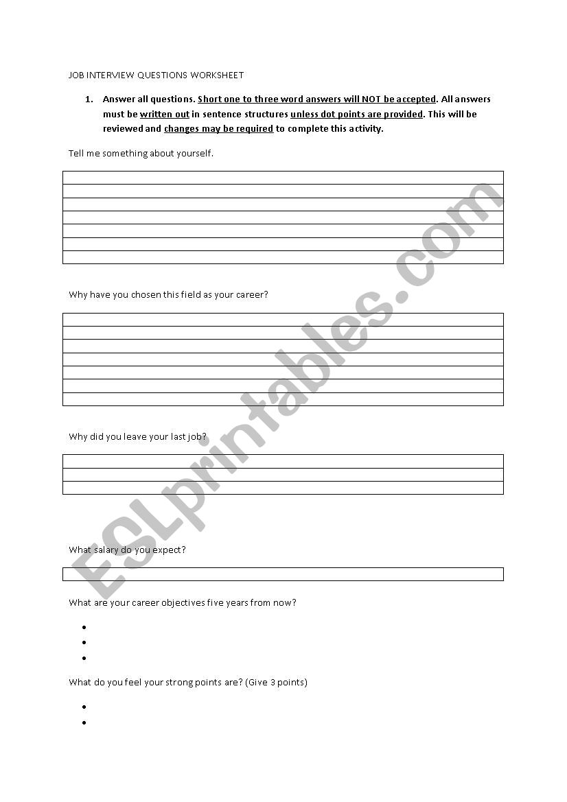 Job Interview Questions Worksheet ESL worksheet by redsneaker
