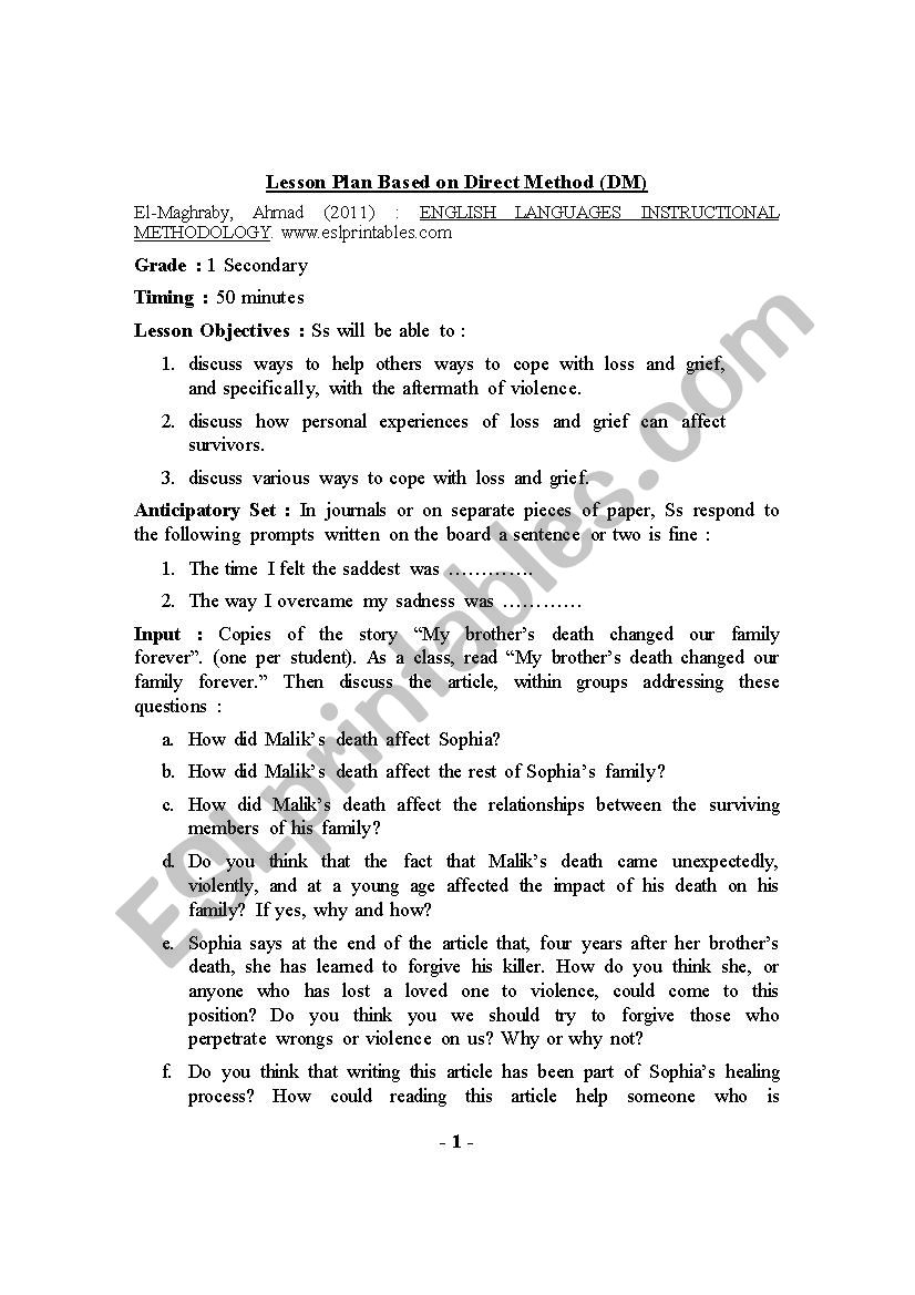Lesson Plan Based on Direct Method (DM) ESL worksheet by