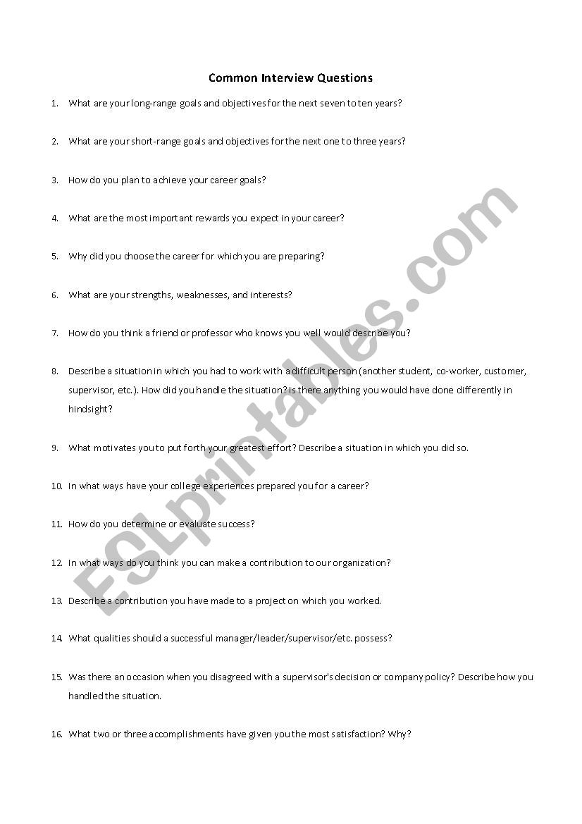 Interview Questions ESL worksheet by Sarahannwood