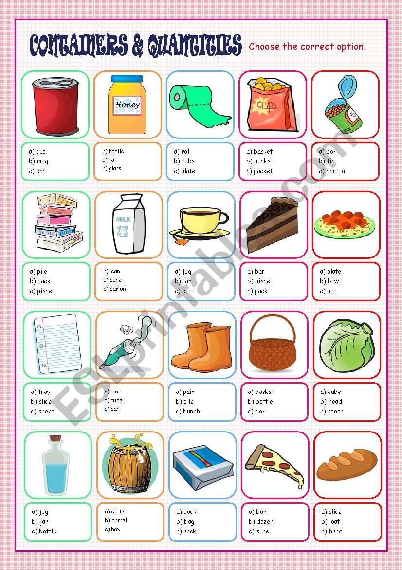 Containers and Quantities Multiple Choice ESL worksheet by