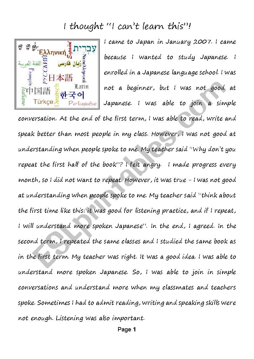 Reading Comprehension Learning a language ESL worksheet by MatthewELSP