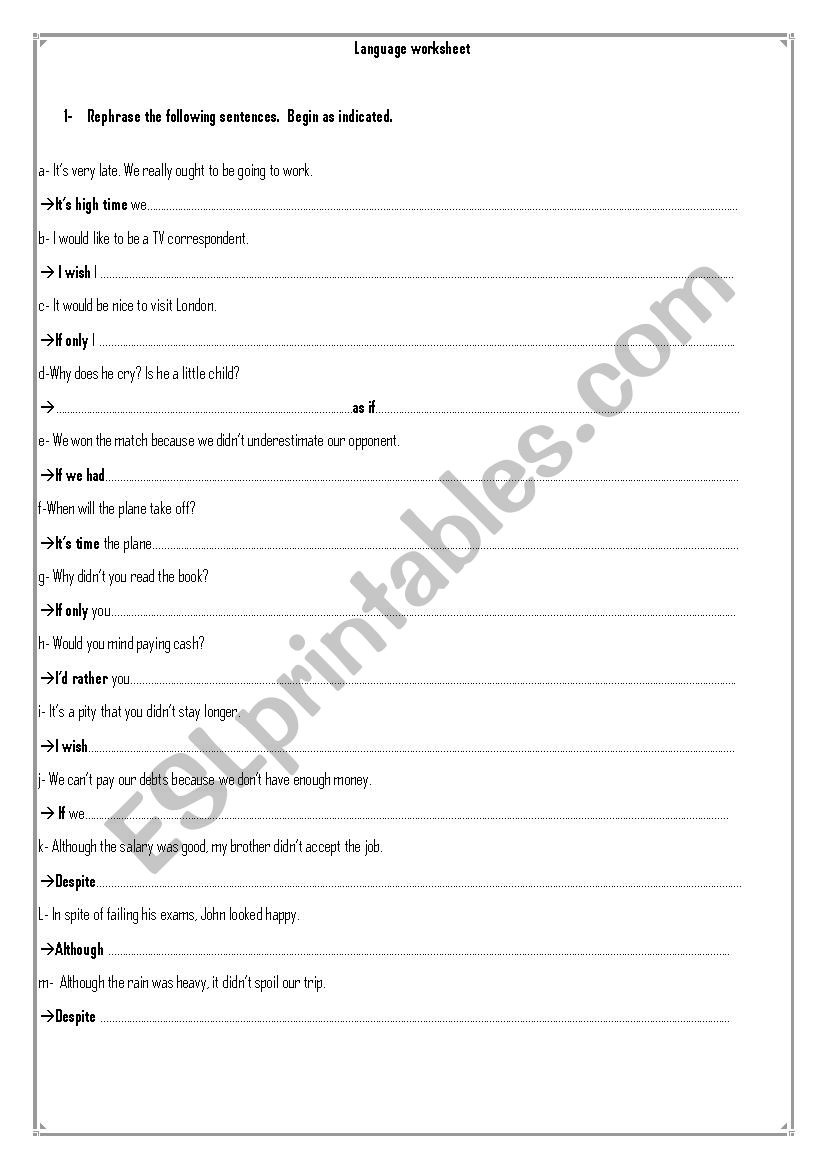 Rephrasing sentences + Using inversion ESL worksheet by