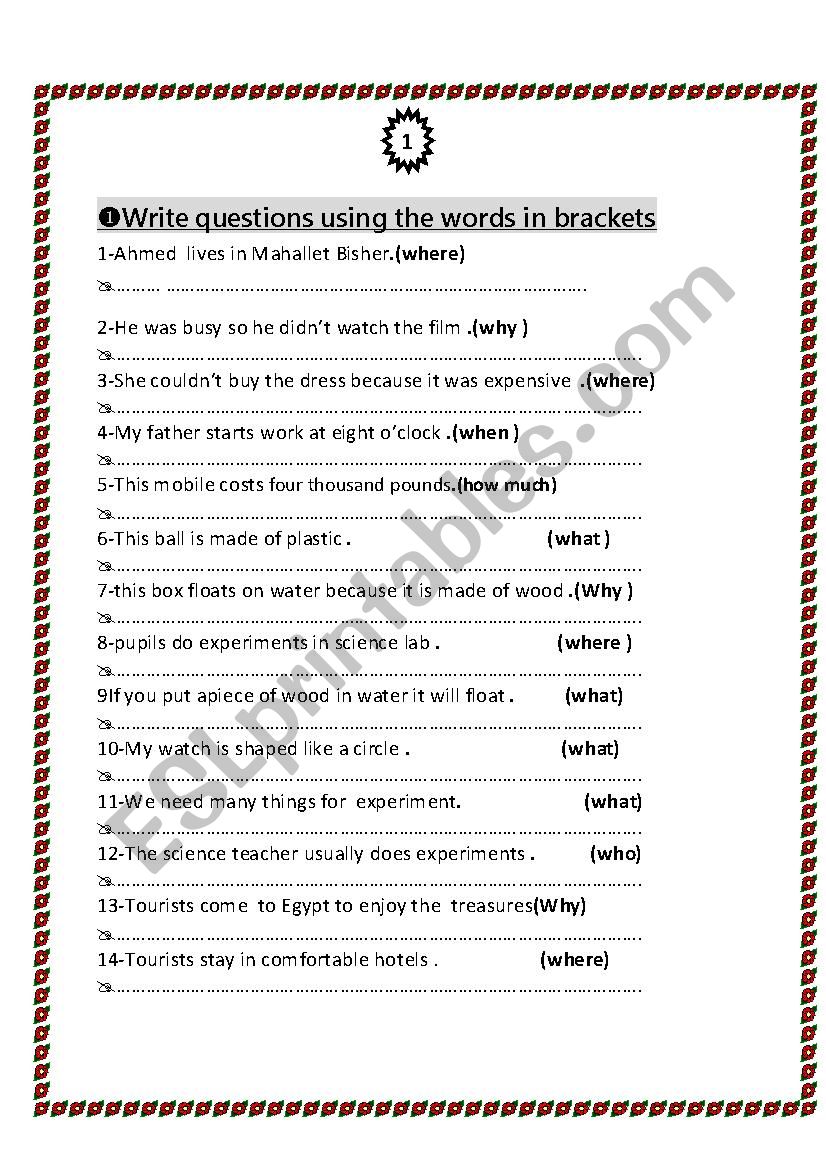 Write questions using the words in brackets ESL worksheet by samirmazen