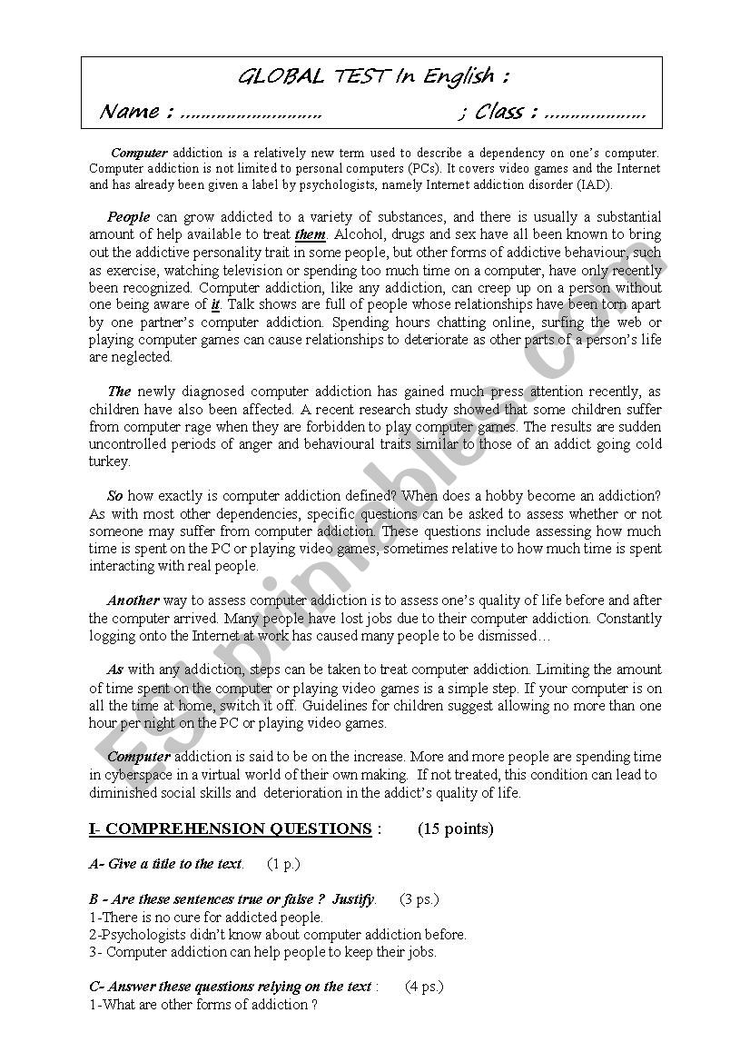 Computer Addiction .. ESL worksheet by medderraz