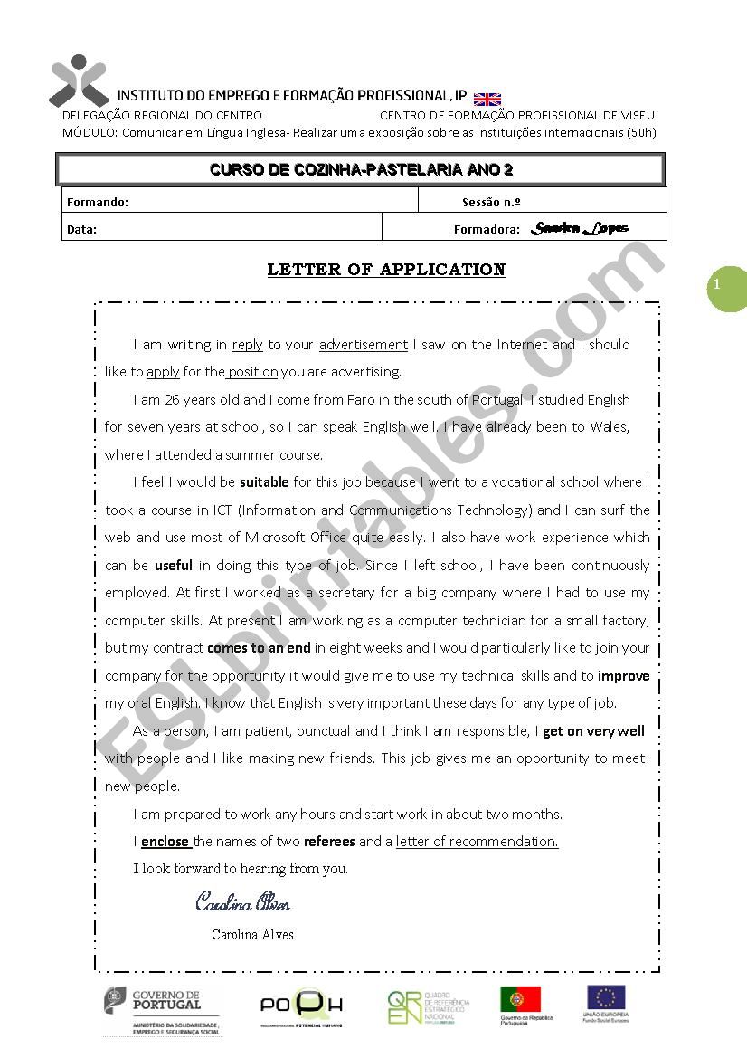 LETTER OF APPLICATION ESL worksheet by sandycandyalt