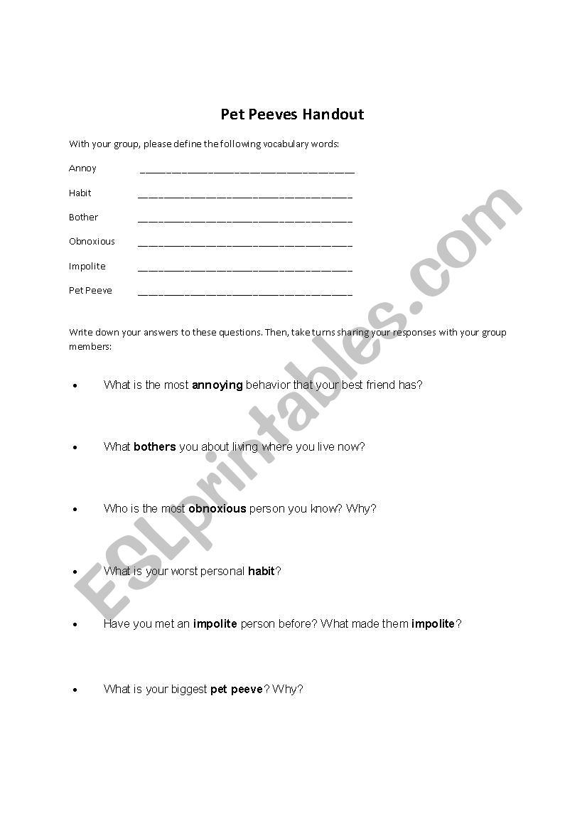 Pet Peeves Handout ESL worksheet by leeomac