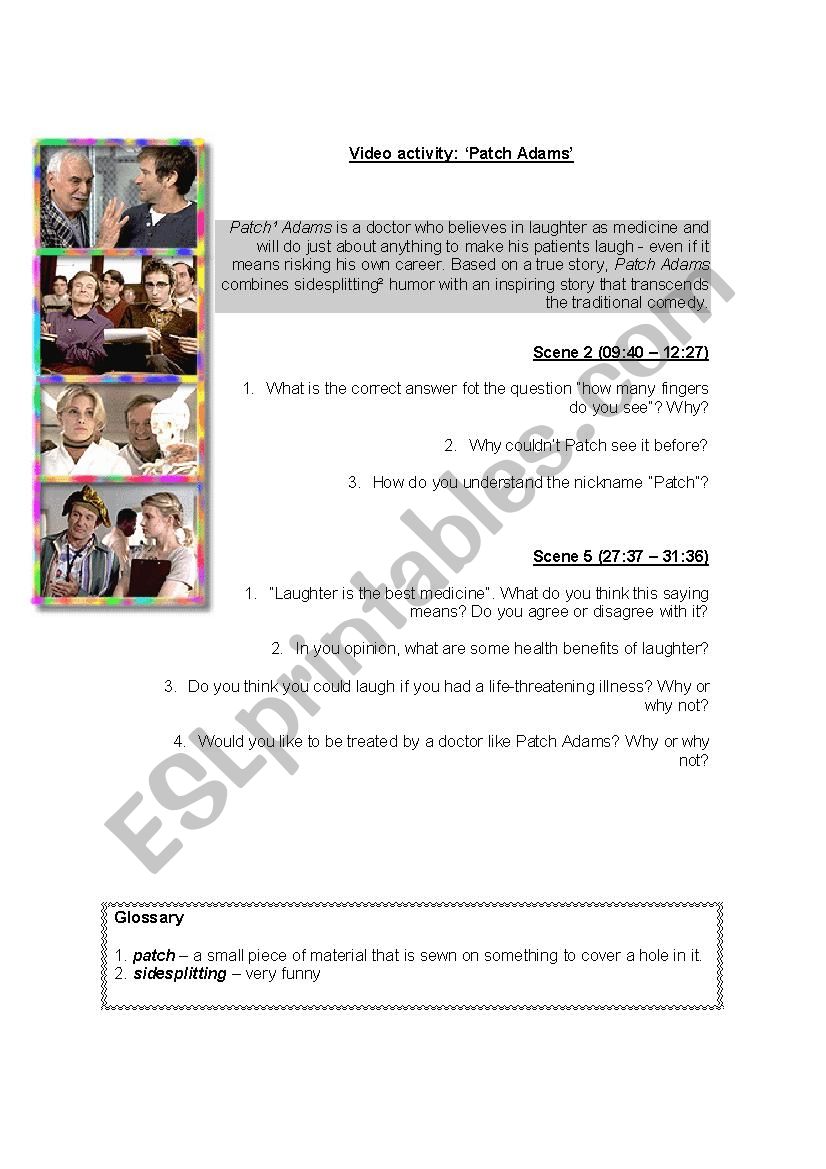 Video Activity Patch Adams ESL worksheet by teachermilla