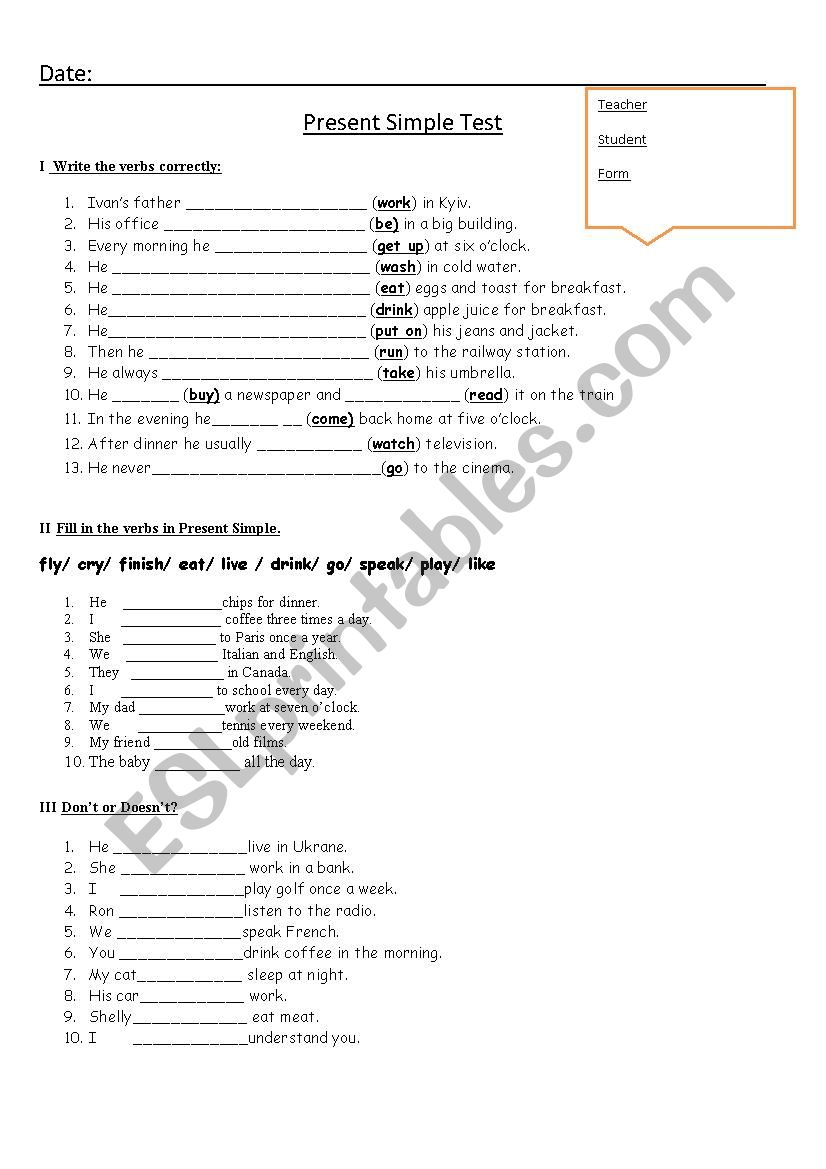 Present Simple test ESL worksheet by katena18